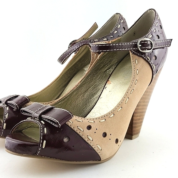 Seychelles  Retro Asterisk Nude Patent Burgundy Peep Toe Mary Jane Heels Size 8 - Picture 5 of 15